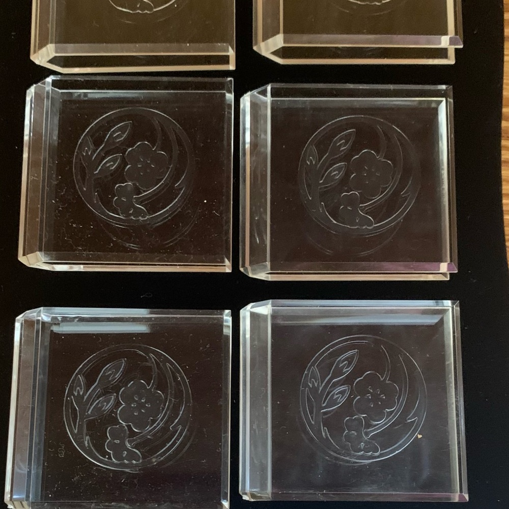 Vintage Lucite Acrylic Napkin Holders Etched Floral Design 2 Sets of 4 w/ Boxes